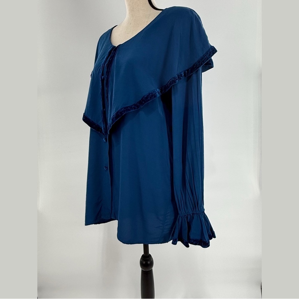 Hairston Roberson Ropa Blue Rayon Blouse Velvet Trim Ruffle Sleeve Women’s Large - Picture 3 of 10